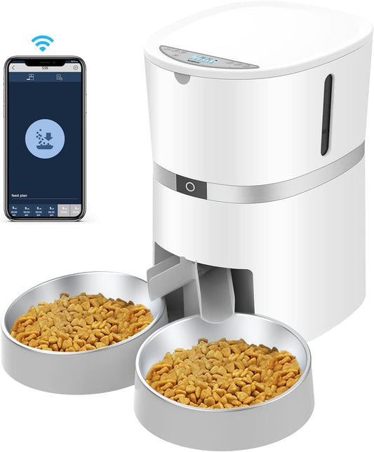 Smart Futterautomat Katze & Hund, Wifi Automatischer Futterspender Für 2 Katze, Pet Feeder Mit Timer, Ton-Aufnahmefunktion, App-Steuerung, Portion Steuerung, Zu 6 Mahlzeiten Am Tag (Weiß)