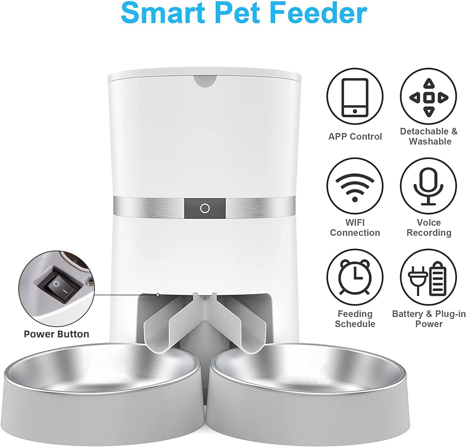 Smart Futterautomat Katze & Hund, Wifi Automatischer Futterspender Für 2 Katze, Pet Feeder Mit Timer, Ton-Aufnahmefunktion, App-Steuerung, Portion Steuerung, Zu 6 Mahlzeiten Am Tag (Weiß)