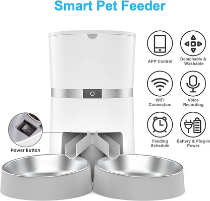 Smart Futterautomat Katze & Hund, Wifi Automatischer Futterspender Für 2 Katze, Pet Feeder Mit Timer, Ton-Aufnahmefunktion, App-Steuerung, Portion Steuerung, Zu 6 Mahlzeiten Am Tag (Weiß)