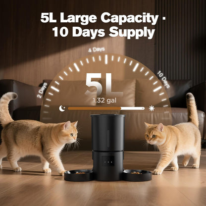 Futterautomat Katze 2 Näpfe Mit APP: 5L Automatischer Futterspender Mit 2.4G Wifi Timer Für Trockenfutter - AONBOY Doppelnapf Design Für Mehrkatzenhaushalte & Hunde - Schwarz