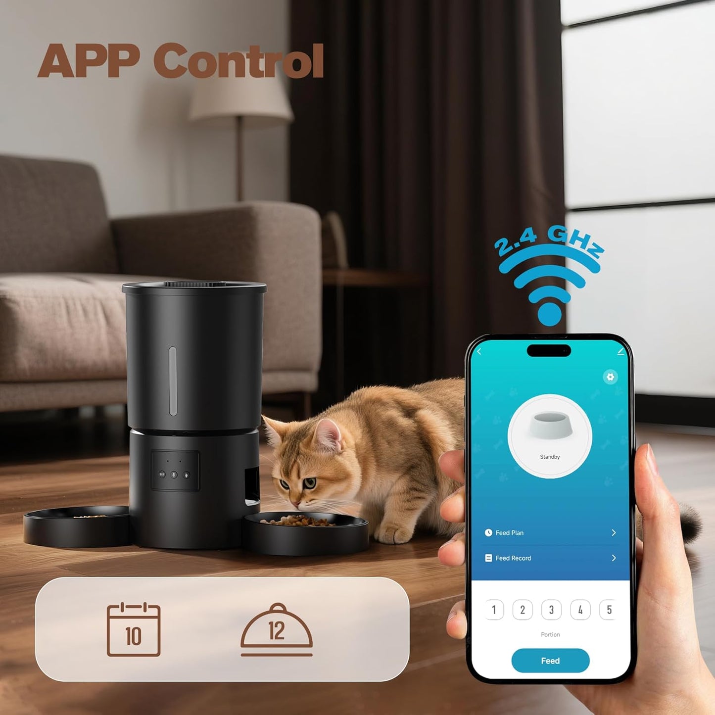 Futterautomat Katze 2 Näpfe Mit APP: 5L Automatischer Futterspender Mit 2.4G Wifi Timer Für Trockenfutter - AONBOY Doppelnapf Design Für Mehrkatzenhaushalte & Hunde - Schwarz