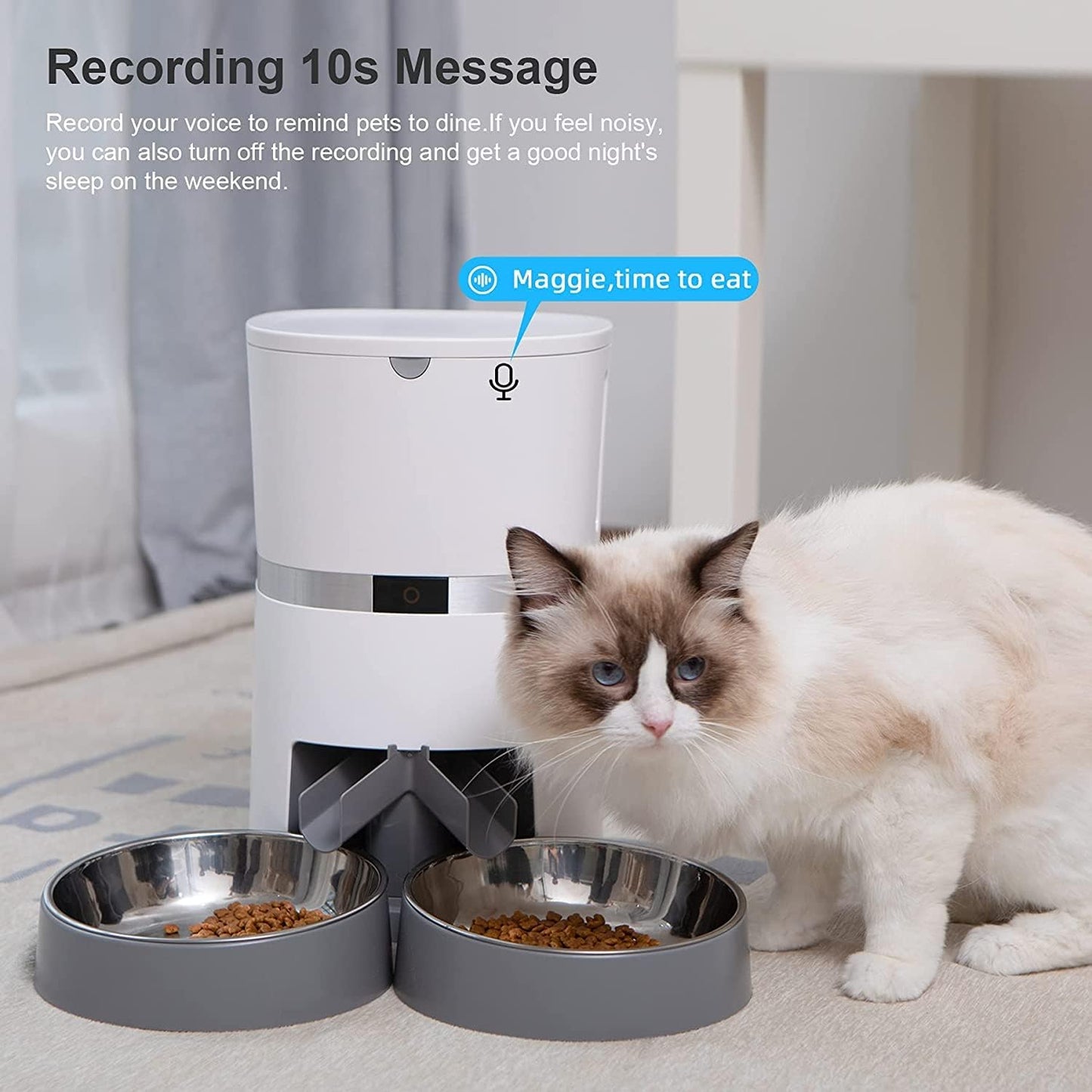 Smart Futterautomat Katze & Hund, Wifi Automatischer Futterspender Für 2 Katze, Pet Feeder Mit Timer, Ton-Aufnahmefunktion, App-Steuerung, Portion Steuerung, Zu 6 Mahlzeiten Am Tag (Weiß)