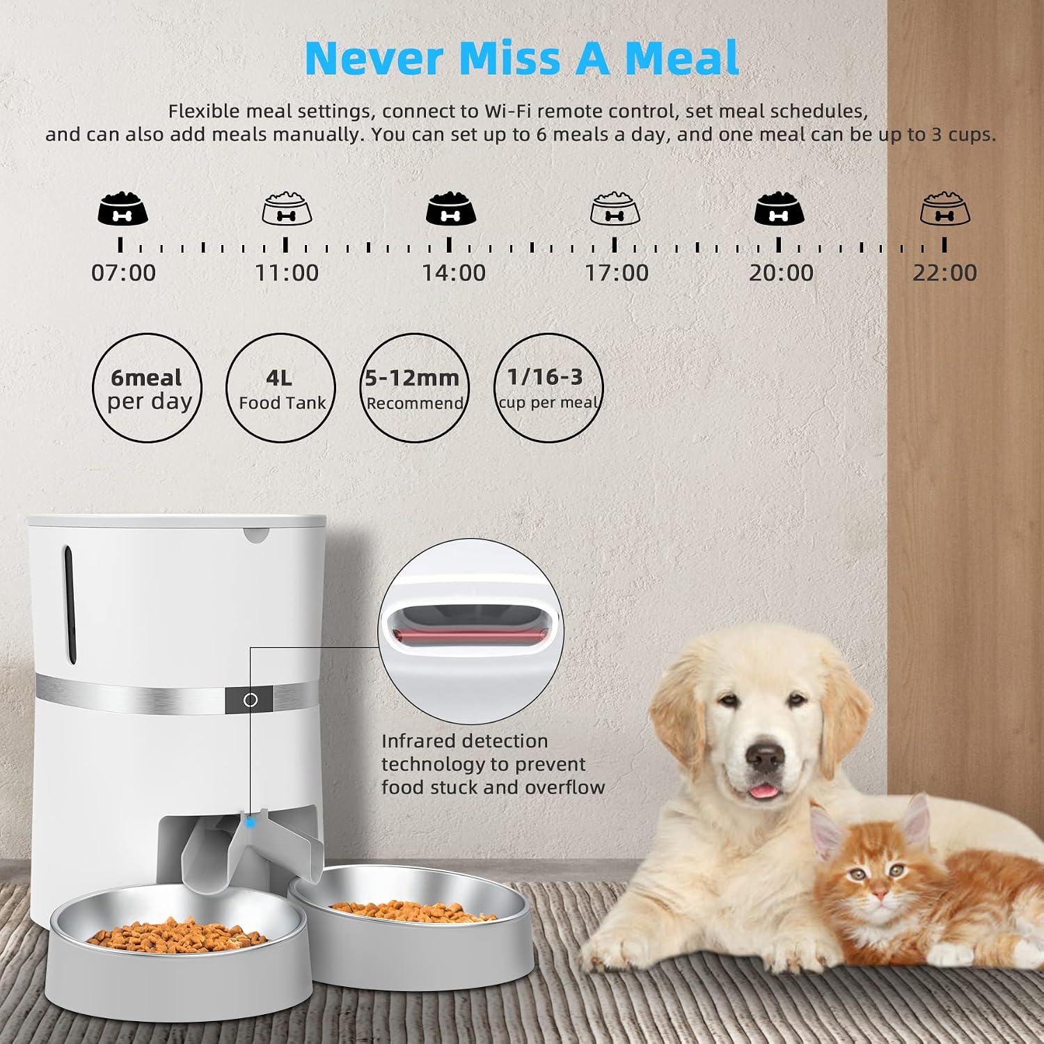 Smart Futterautomat Katze & Hund, Wifi Automatischer Futterspender Für 2 Katze, Pet Feeder Mit Timer, Ton-Aufnahmefunktion, App-Steuerung, Portion Steuerung, Zu 6 Mahlzeiten Am Tag (Weiß)