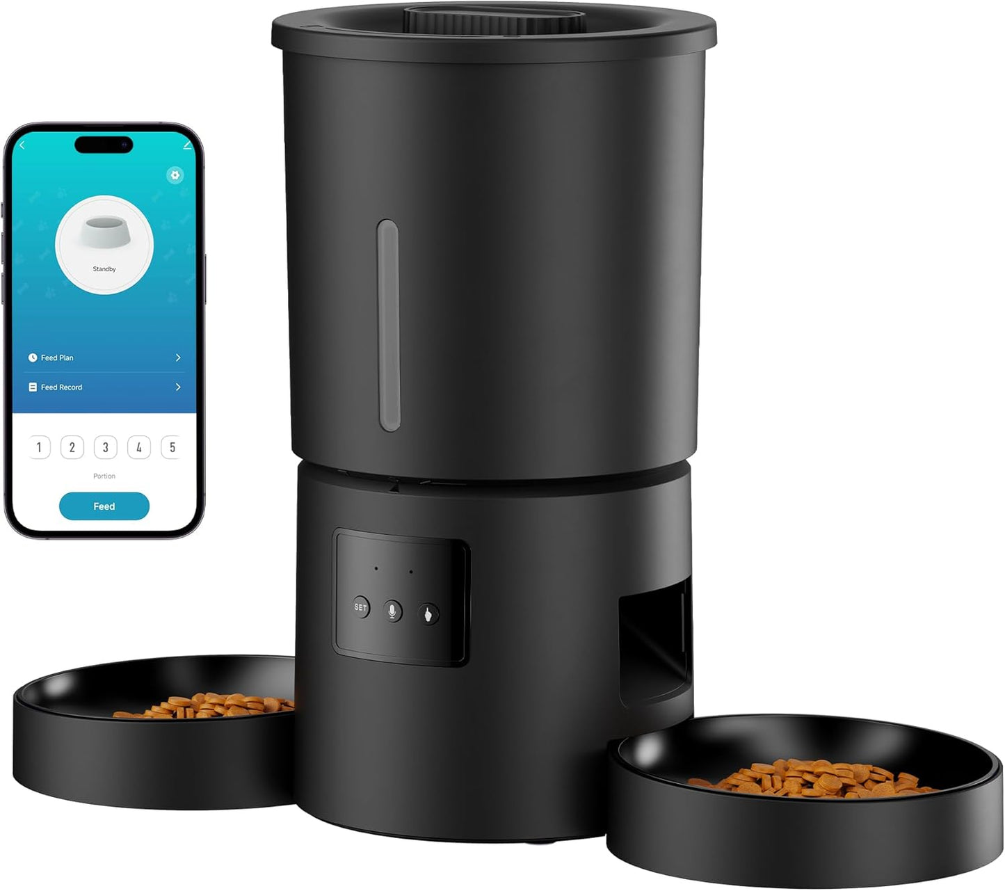 Futterautomat Katze 2 Näpfe Mit APP: 5L Automatischer Futterspender Mit 2.4G Wifi Timer Für Trockenfutter - AONBOY Doppelnapf Design Für Mehrkatzenhaushalte & Hunde - Schwarz